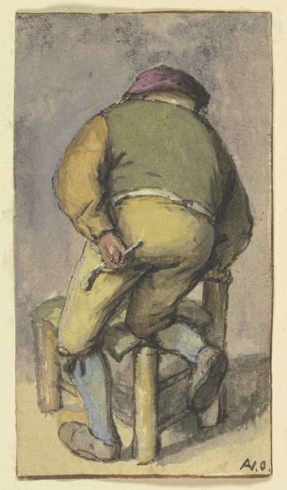 Bauer von hinten, mit dem rechten Bein auf einem Stuhl kniend à Adriaen van Ostade