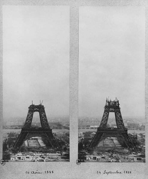 Two views of the construction of the Eiffel Tower, Paris, 14th August and 14th September 1888 (b/w p à Photographe français