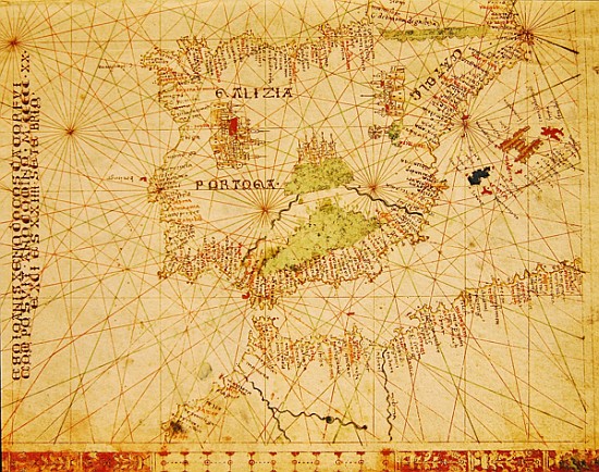 The Iberian Peninsula and the north coast of Africa, from a nautical atlas, 1520(detail from 330910) à Giovanni Xenodocus da Corfu