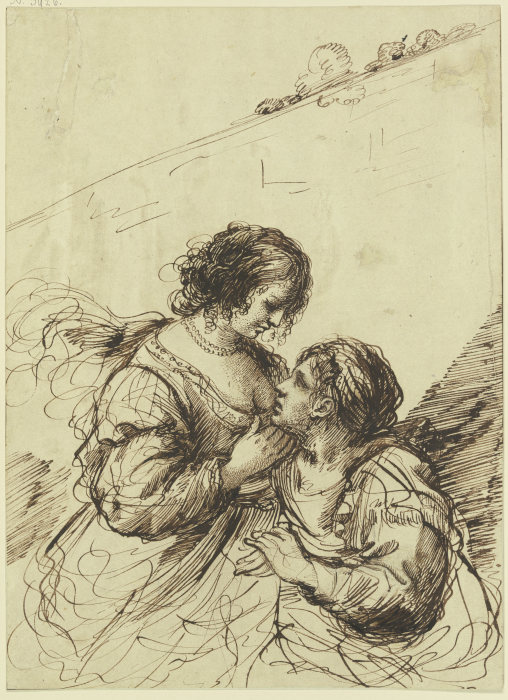 Vor einer hohen Mauer zwei Frauen einander liebkosend à Guercino (Giovanni Francesco Barbieri)