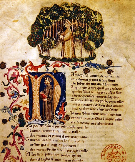 Ms It.474 Opening scene of Dante''s ''Divine Comedy'' with the figure of Dante in the dark wood à École italienne
