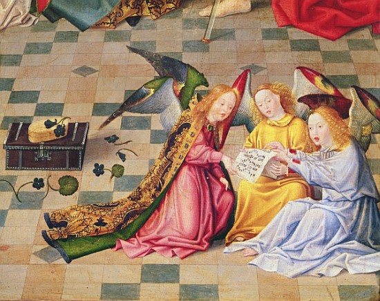 Angel musicians from the right panel of the altarpiece of the Seven Joys of the Virgin, c.1480  (det à Maître de la Sainte Famille