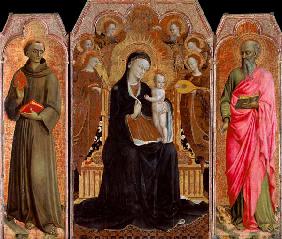 Marie et bébé Jésus entourés de six anges
