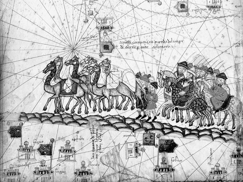 Ms Esp 20 panel 4 Caravans Crossing The Urals on the way to Cathay, from the Catalan Atlas of Charle à Abraham Cresques