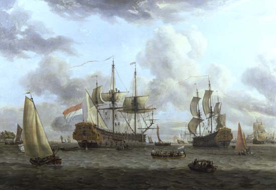 Dutch Shipping Scene in a Wide Estuary à Abraham J. Storck
