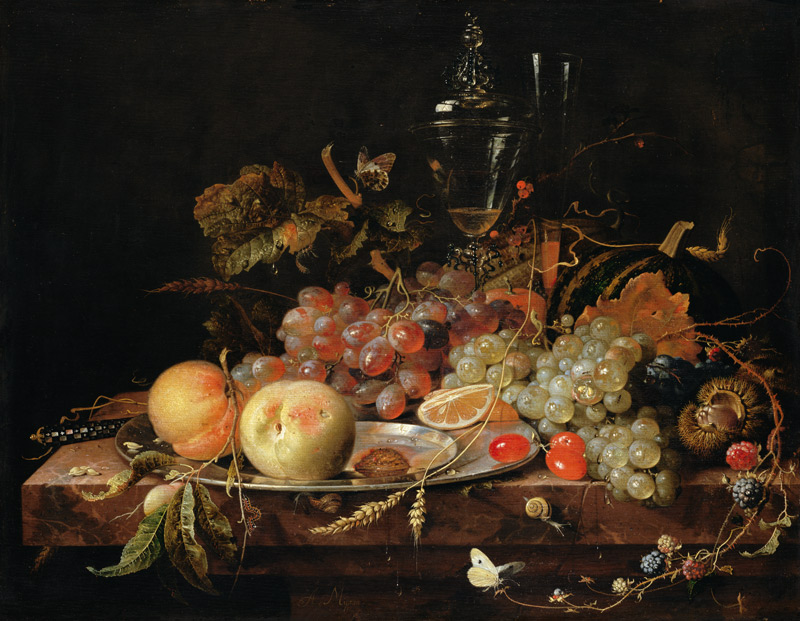 Still Life with Fruit, Tin Plate and Wine Glasses à Abraham Mignon