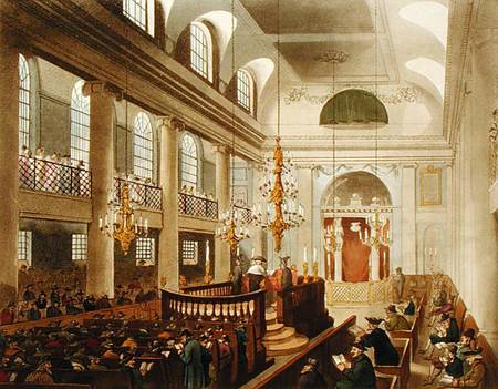 Synagogue, Dukes Place, Houndsditch, from Ackermann's 'Microcosm of London', engraved by Sunderland à A.C. Rowlandson