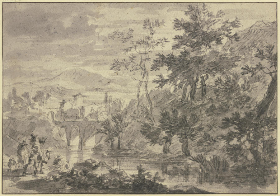 Landschaft mit einem mit Weiden bewachsenem Fluß, über welchen eine Brücke mit drei Bogen führt, vor à Adam Pynacker