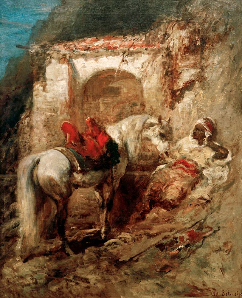 Zwei Freunde (Ein Araber mit seinem Pferd an einem Brunnen) à Adolf Schreyer