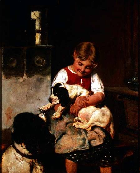 Young girl with puppy à Adolph Eberle