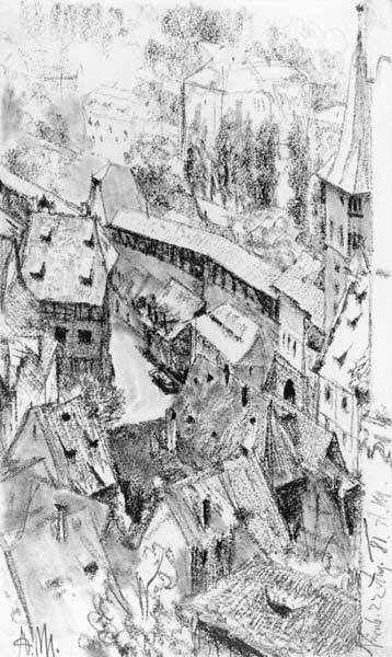 Blick von der Burg in Nuernberg auf den kleinen Platz am Thiergaertner Tor mit dem Duererhaus im Mit à Adolph Friedrich Erdmann von Menzel