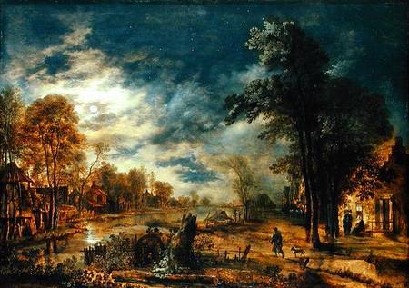 Moonlit Landscape with a Village à Aert van der l'Ancien Neer