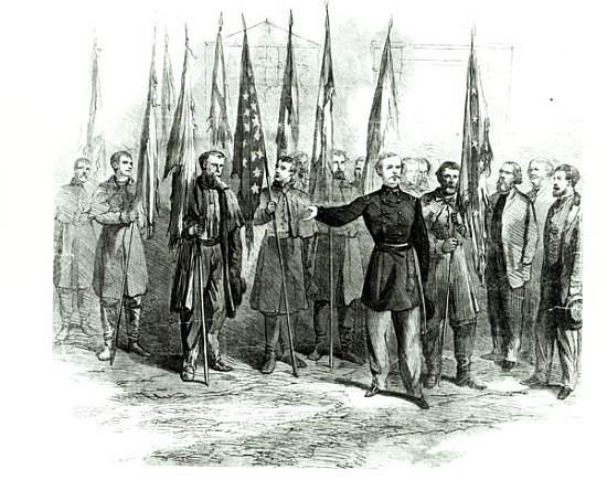 General Custer presenting captured Confederate flags in Washington on October 23rd 1864 à (d'après) Alfred R. Waud
