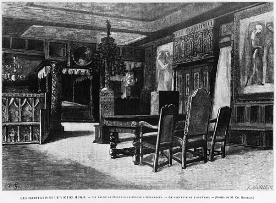Homes of Victor Hugo, the lounge at Hauteville house in Guernsey, the armchair of the ancestor; engr à (d'après) Charles Gosselin