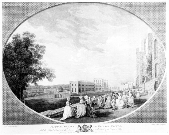 South East view of Windsor Castle, with the Royal Family on the terrace and a view of the Queen''s P à (d'après) George Robertson