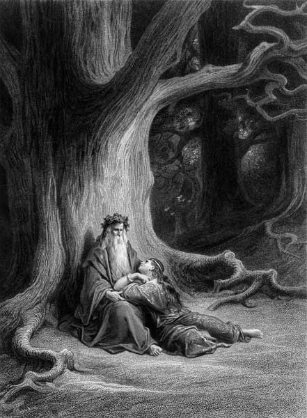 The Enchanter Merlin and the Fairy Vivien in the forest of Broceliande, from ''Vivien'', poem Alfred à (d'après) Gustave Dore