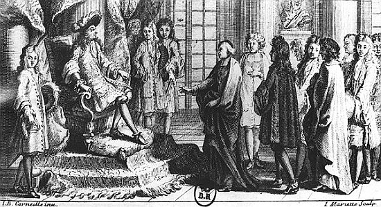 Members of the French Academy presenting the dictionary to Louis XIV (1638-1715) in 1694; engraved b à (d'après) Jean-Baptiste Corneille