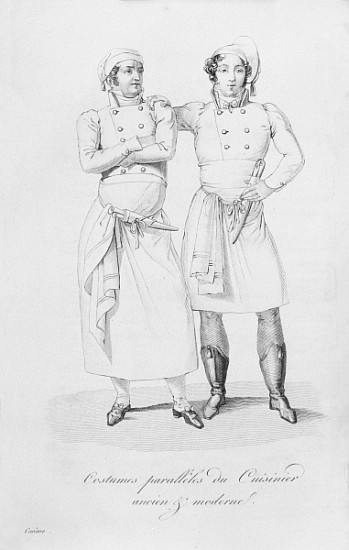 Costumes of cooks from different eras, from ''Le Maitre d''Hotel francais'' Marie Antoine Careme, pu à (d'après) Marie Antoine Careme