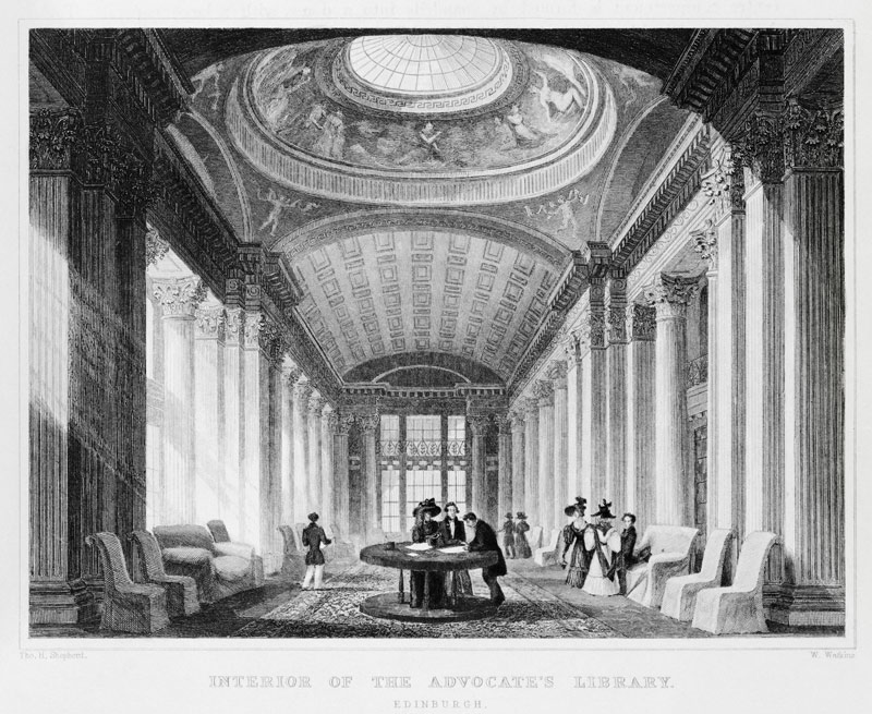 Interior of the Advocate''s Library, Edinburgh; engraved by William Watkins à (d'après) Thomas Hosmer Shepherd