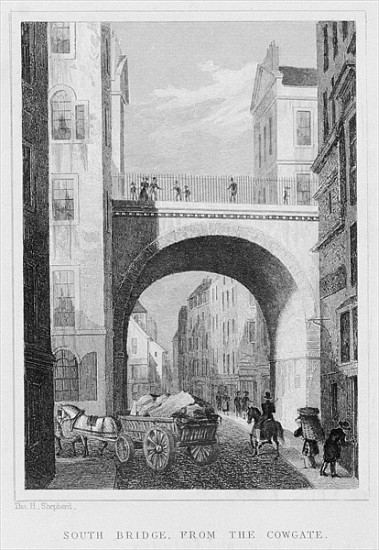 South Bridge from the Cowgate, Edinburgh ; engraved by William Watkins à (d'après) Thomas Hosmer Shepherd