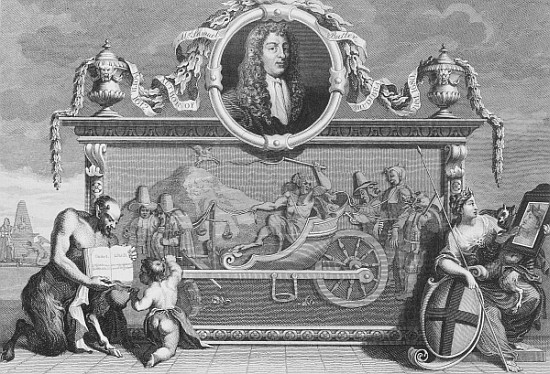 Frontispiece for ''Hudibras'' including a portrait of Samuel Butler; engraved by Cosmo Armstrong à (d'après) William Hogarth