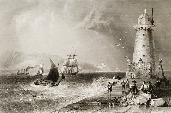 South Wall Lighthouse with Howth Hill in the Distance, Dublin, from ''Scenery and Antiquities of Ire à (d'après) William Henry Bartlett