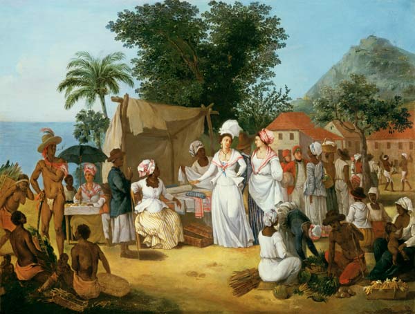 A linen market with a linen stall and a vegetable seller in a Colonial settlement à Agostino Brunias
