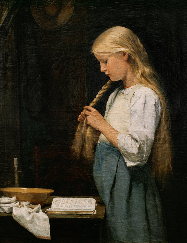 Girl braiding her hair à Albert Anker