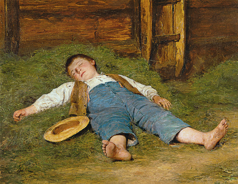 garçon dormant dans le foin. à Albert Anker