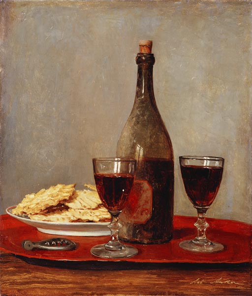 Nature morte avec deux verres de vin rouge - Albert Anker en reproduction  imprimée ou copie peinte à l\'huile sur toile
