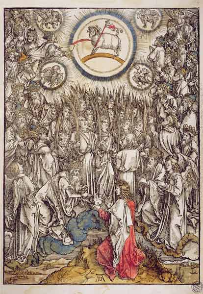 The Lamb of God appears on Mount Sion, 1498 (colour woodcut) à Albrecht Dürer