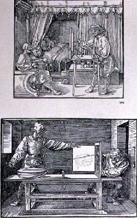 Apparatus for translating three-dimensional objects into two-dimensional drawings, two scenes from t