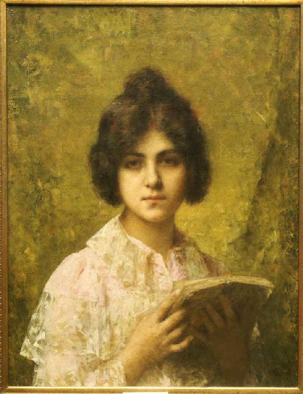 Junge Frau, ein Buch haltend. à Alexei Alexevich Harlamoff