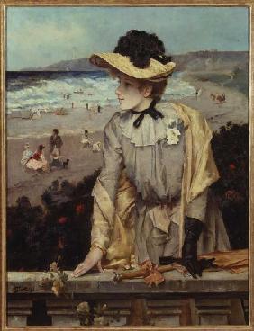 Jeune femme sur la plage (ou : parisienne devant paysage de mer)