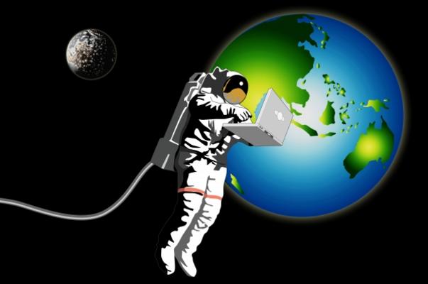 Astronaut with laptop in space à Aloysius Patrimonio