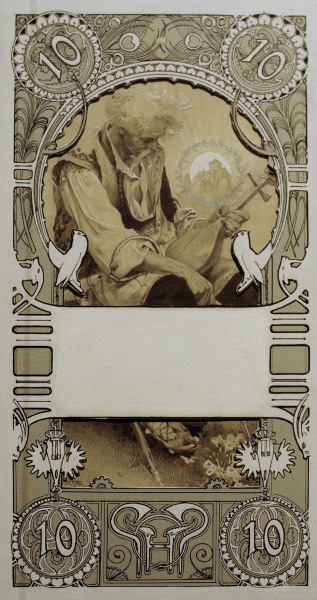 Briefmarkenentwurf in zwei Teilen, (Entwurf einer Briefmarke der Tschechoslowakei  nicht ausgefuehrt à Alphonse Mucha