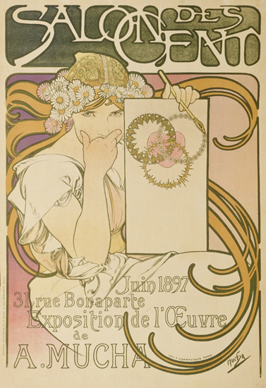 Plakat für die Ausstellung ''A. Mucha'' im ''Salon des Cent'' à Alphonse Mucha