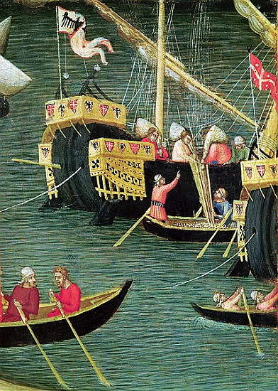 St. Nicholas Saves Mira from Famine, detail of a ship, c.1327-32 à Ambrogio Lorenzetti