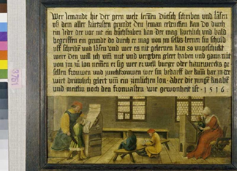 Trois garçons et une fille enseignent un maître d'école et sa femme la lecture. à Ambrosius Holbein