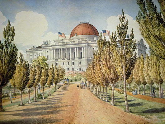 View of the Capitol (colour litho) à Ecole americaine