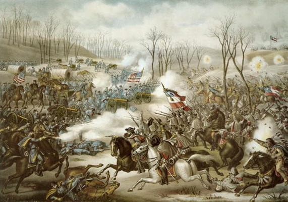 Battle of Pea Ridge, Arkansas, 6th-8th March, engraved by Kurz & Allison (colour litho) à École américaine, (19ème siècle)
