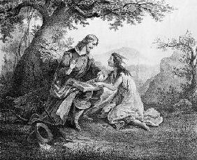 Captain John Smith (1580-1631) teaching Pocohontas (c.1595-1617) to read (engraving)