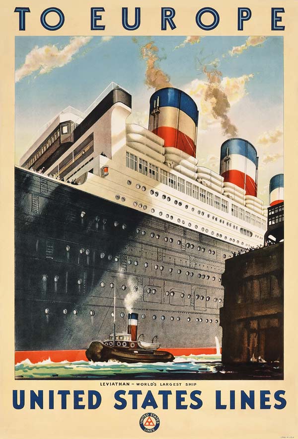Poster advertising travel to Europe with the ocean liner 'Leviathan' by the shipping company 'United à École américaine (20ème siècle)