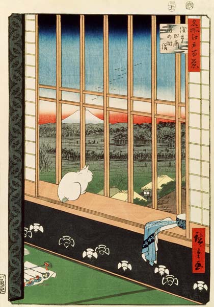 A cat sitting on the window seat à Ando oder Utagawa Hiroshige