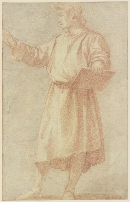 Stehender Mann nach links mit vorgestrecktem rechten Arm und einer Tafel mit der Linken in starker V à Andrea del Sarto