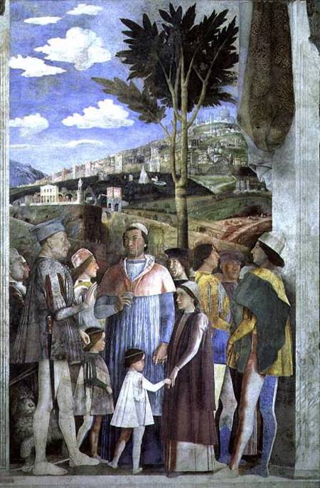 Arrival of Cardinal Francesco Gonzaga, greeted by his father Marchese Ludovico Gonzaga III (reigned à Andrea Mantegna
