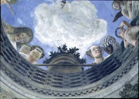 Trompe l'oeil oculus in the centre of the vaulted ceiling of the Camera degli Sposi or the Camera Pi à Andrea Mantegna