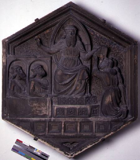 The Art of Law, hexagonal decorative relief tile from a series depicting the practitioners of the Ar à Andrea Pisano