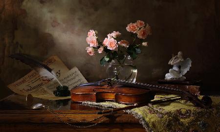 Still life with violin and roses