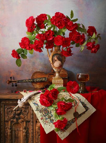 Still life with violin and red roses